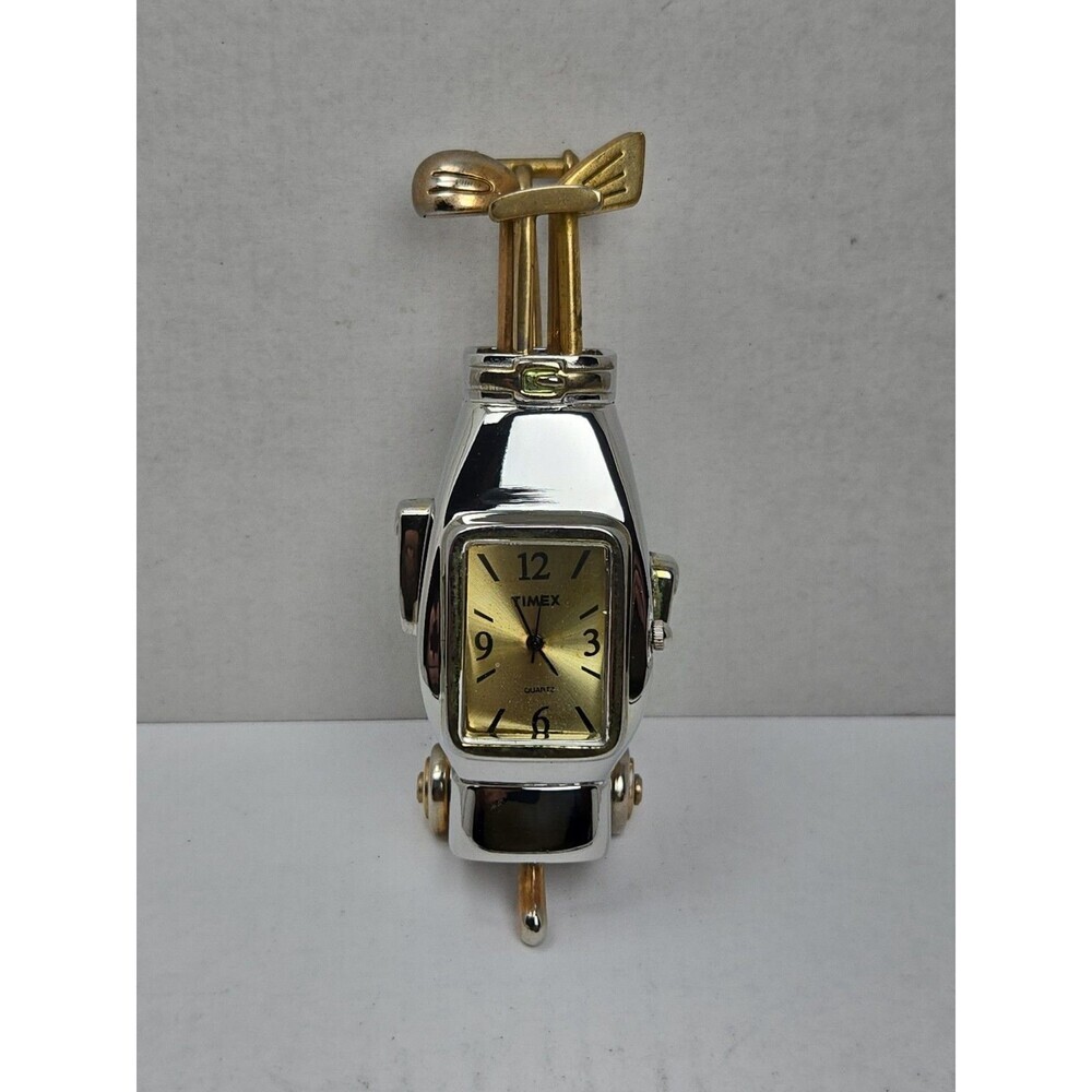 Timex Golf Bag Clubs Mini Clock New Battery Quartz TwoTone Vintage Father - Read